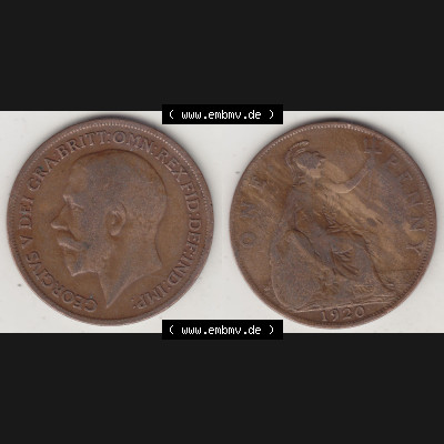 Münzen Großbritannien Umlaufmünze 1911-1926, 1 One Penny, 1920-1, George V, B.M. GEORGIVS V DEI GRABRITTOMNREX FIDDEFINDIMP. Vorderseite und... Sammlung