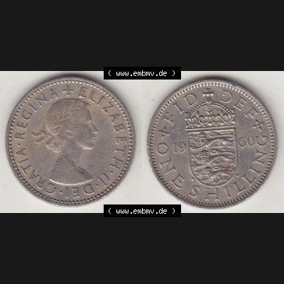 Münzen Großbritannien Umlaufmünze 1954-1970, 1 Schilling - One Shilling, 1960-1 Wappen mit drei Löwen. Vorderseite und Rückseite horizontal auf einen digitalen... Sammlung