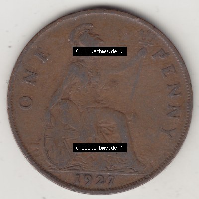 Münzen Großbritannien Umlaufmünze 1927-1927, 1 One Penny, 1927-2, George V, BM GEORGIVS V DEI GRABRITTOMNREX FIDDEFINDIMP. Rückseite der alten britischen... Sammlung