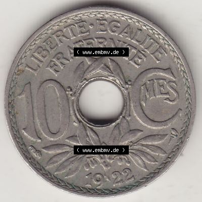 Münzen Frankreich Umlaufmünze Einzelansicht 1917-1938, 10 Centimes, RF - Frankreich 10 CMES EGALITÉ FRATERNITÉ LIBERTÉ 1922-2. Rückseite der alten... Sammlung