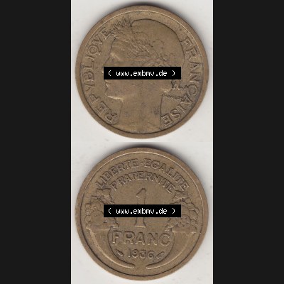 Münzen Frankreich Umlaufmünze 1931-1941, 1 Franken, 1 Franc, 1936-1 LIBERTE EGALITE FRATERNITE. Vorderseite und Rückseite vertikal auf einen digitalen Bild der alten... Sammlung