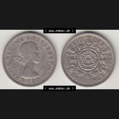 Münzen Großbritannien Umlaufmünze 1954-1970, 2 Schilling - Shillings 1962-1. Vorderseite und Rückseite horizontal auf einen digitalen Bild der alten britischen Münze... Sammlung