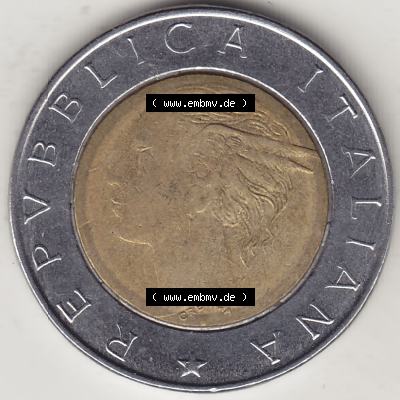 Bildmaterial von Münzen aus Italien / Italia Gedenkmünzen 1994-1994, 500 Lire, 500. Geburtstag von Luca Pacioli (1494-1994)-1. Vorderseite einer alten... Sammlung