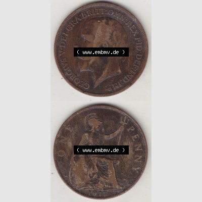 Münzen Großbritannien Umlaufmünze 1911-1926, 1 One Penny, 1917-1, George V, B.M. GEORGIVS V DEI GRABRITTOMNREX FIDDEFINDIMP. Vorderseite und... Sammlung