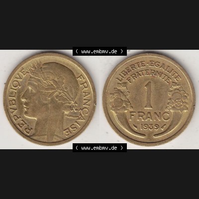 Alte Münzen KMS Frankreich, aus Kursmünzensatz-Zusammenstellung der Jahre 1917-1952, mit der Münze 1931-1941, 1 Franken, Franc, 1939-1. Vorderseite und... Sammlung