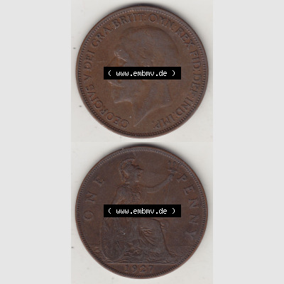 Münzen Großbritannien Umlaufmünze 1927-1927, 1 One Penny, 1927-1, George V, BM GEORGIVS V DEI GRABRITTOMNREX FIDDEFINDIMP. Vorderseite und Rückseite... Sammlung