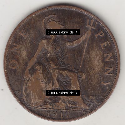 Münzen Großbritannien Umlaufmünze 1911-1926, 1 One Penny, 1917-1, George V, B.M. GEORGIVS V DEI GRABRITTOMNREX FIDDEFINDIMP. Rückseite... Sammlung