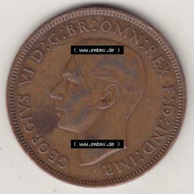 Münzen Großbritannien Umlaufmünze 1937-1948. 1 One Penny 1940-1, George VI, GEORGIVS VI DGBROMNREX FDINDIMP. HP. Vorderseite der alten britischen Münze... Sammlung