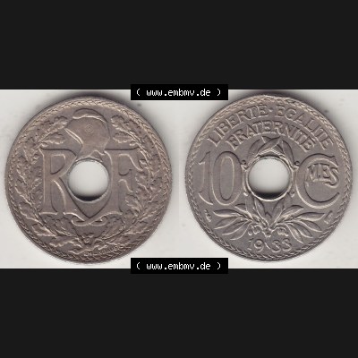 Alte Münzen KMS Frankreich, aus Kursmünzensatz-Zusammenstellung der Jahre 1917-1952, mit der Münze 1917-1938, 10 Cmes, Centimes 1933-1. Vorderseite und Rückseite... Sammlung