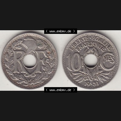 Münzen Frankreich Umlaufmünze Vollansicht 1917-1938, 10 Centimes, 10 CMES EGALITÉ FRATERNITÉ LIBERTÉ 1931-2. Vorderseite und Rückseite horizontal... Sammlung