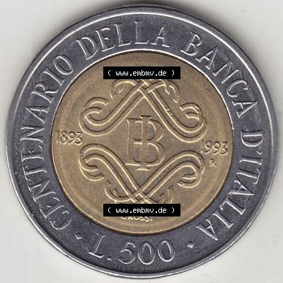 Bildmaterial von Münzen aus Italien / Italia Gedenkmünzen 1993-1993, 500 Lire, 100 Jahre Bank von Italien (1893-1993), CENTENARIO DELLA BANCA DITALIA GROSSI.... Sammlung