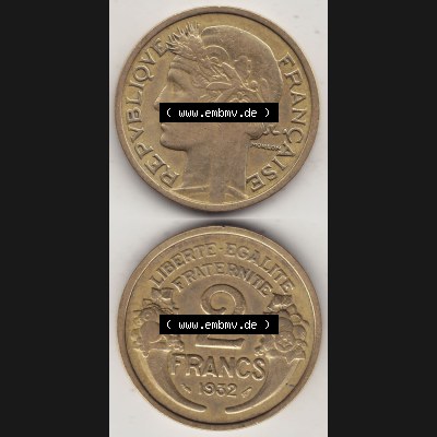 Alte Münzen KMS Frankreich, aus Kursmünzensatz-Zusammenstellung der Jahre 1917-1952, mit der Münze 1931-1941, 2 Franken, Francs, 1932-1. Vorderseite... Sammlung