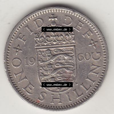 Münzen Großbritannien Umlaufmünze 1954-1970, 1 Schilling - One Shilling, 1960-1 Wappen mit drei Löwen. Rückseite der alten britischen Münze aus Großbritannien... Sammlung