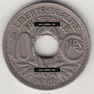 Münzen Frankreich Umlaufmünze 1917-1938, 10 Centimes, 10 CMES EGALITÉ FRATERNITÉ LIBERTÉ 1918-1. Digitales Bild der Rückseite mit Wertzahl / Nennwert... Sammlung