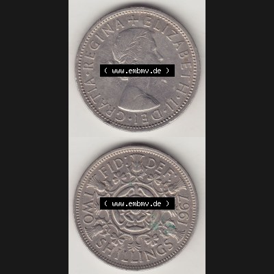 Münzen Großbritannien Umlaufmünze 1954-1970, 2 Schilling - Shillings 1967-1. Vorderseite und Rückseite vertikal untereinander auf einen digitalen Bild der alten britischen... Sammlung