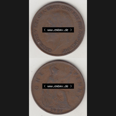 Münzen Großbritannien Umlaufmünze 1927-1927, 1 One Penny, 1927-2, George V, BM GEORGIVS V DEI GRABRITTOMNREX FIDDEFINDIMP. Vorderseite und Rückseite... Sammlung