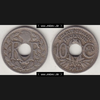 Münzen Frankreich Umlaufmünze Vollansicht 1917-1938, 10 Centimes, 10 CMES EGALITÉ FRATERNITÉ LIBERTÉ 1924-1. Beidseitiges Bildmaterial einer Umlaufmünze... Sammlung