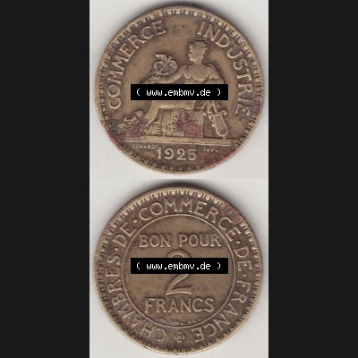 Münzen Frankreich Umlaufmünze 1920-1927, 2 Franken 1925-1, BON POUR 2 FRANCS CHAMBRES DE COMMERCE DE FRANCE. Vorderseite und Rückseite vertikal auf einen digitalen Bild... Sammlung