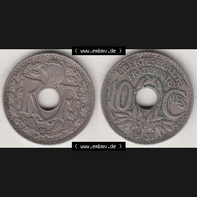 Münzen Frankreich Umlaufmünze Vollansicht 1917-1938, 10 Centimes, RF - Frankreich 10 CMES EGALITÉ FRATERNITÉ LIBERTÉ 1931-2. Vorderseite und Rückseite... Sammlung