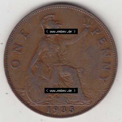 Münzen Großbritannien Umlaufmünze 1928-1936, 1 One Penny, 1935-1, George V. BM GEORGIVS V DEI GRABRITTOMNREX FIDDEFINDIMP. Rückseite der alten britischen... Sammlung