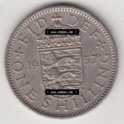 Münzen Großbritannien Umlaufmünze 1954-1970, 1 Schilling - Shilling, 1957-2 Wappen mit drei Löwen. Rückseite der alten britischen Münze aus Großbritannien... Sammlung