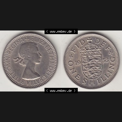 Münzen Großbritannien Umlaufmünze 1954-1970, 1 Schilling - One Shilling, 1953-2 Wappen mit drei Löwen. Vorderseite und Rückseite horizontal auf einen digitalen... Sammlung