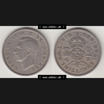 Münzen Großbritannien Umlaufmünze 1949-1951, 2 Schilling - Shillings 1949-1. Vorderseite und Rückseite horizontal auf einen digitalen Bild der alten britischen Münze... Sammlung