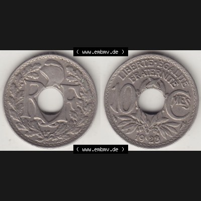 Münzen Frankreich Umlaufmünze Vollansicht 1917-1938, 10 Centimes, 10 CMES EGALITÉ FRATERNITÉ LIBERTÉ 1923-1. Beidseitiges Bildmaterial einer Umlaufmünze... Sammlung