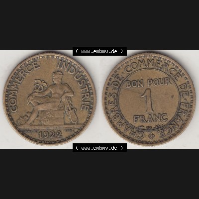 Münzen Frankreich Umlaufmünze 1922-1927, 1 Franken, BON POUR One Franc, 1922-2 CHAMBRES DE COMMERCE DE FRANCE. Vorderseite und Rückseite horizontal auf einen digitalen... Sammlung