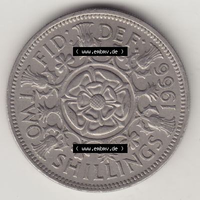 Münzen Großbritannien Umlaufmünze 1954-1970, 2 Schilling - Shillings 1966-7. Rückseite der alten britischen Münze aus Großbritannien zum katalogisieren und... Sammlung