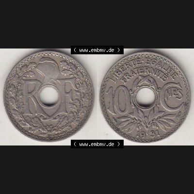 Münzen Frankreich Umlaufmünze Vollansicht 1917-1938, 10 Centimes, 10 CMES EGALITÉ FRATERNITÉ LIBERTÉ 1931-1. Beidseitiges Bildmaterial einer Umlaufmünze... Sammlung