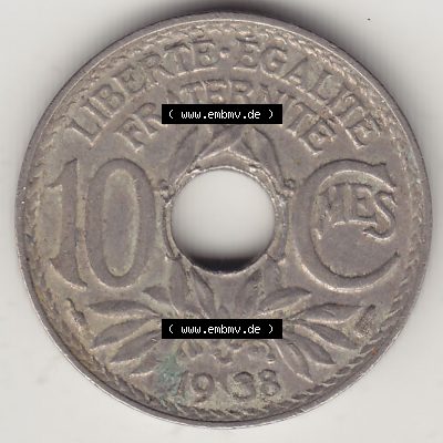 Münzen Frankreich Umlaufmünze 1917-1938, 10 Centimes - Cmes 1938-2. Rückseite der alten französischen Umlaufmünze 10 Cmes - Centimes - Cent aus Frankreich in der Francs-Währung... Sammlung