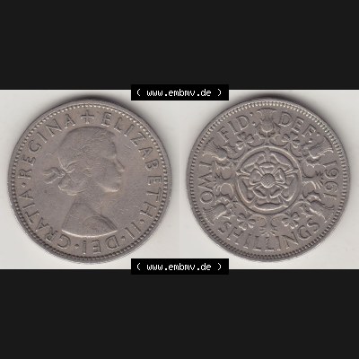 Münzen Großbritannien Umlaufmünze 1954-1970, 2 Schilling - Shillings 1961-1. Vorderseite und Rückseite horizontal auf einen digitalen Bild der alten britischen Münze... Sammlung