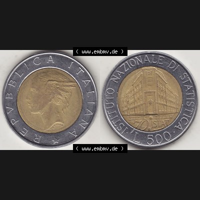 Bildmaterial von Münzen aus Italien / Italia Gedenkmünzen 1996-1996, 500 Lire, 70 Jahre Nationales Institut für Statistik (1926-1996), 70 ISTAT ISTITUTO NAZIONALE... Sammlung