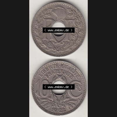 Münzen Frankreich Umlaufmünze Vollansicht 1917-1938, 10 Centimes, RF - Frankreich 10 CMES EGALITÉ FRATERNITÉ LIBERTÉ 1922-1. Vorderseite und Rückseite... Sammlung