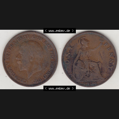 Münzen Großbritannien Umlaufmünze 1928-1936, 1 One Penny, 1936-2, George V. BM GEORGIVS V DEI GRABRITTOMNREX FIDDEFINDIMP. Vorderseite und Rückseite... Sammlung
