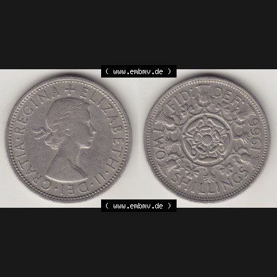 Münzen Großbritannien Umlaufmünze 1954-1970, 2 Schilling - Shillings 1966-6. Vorderseite und Rückseite horizontal auf einen digitalen Bild der alten britischen Münze... Sammlung