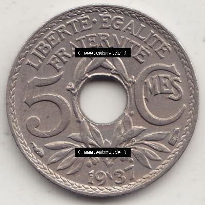 Alte Münzen KMS Frankreich, aus Kursmünzensatz-Zusammenstellung der Jahre 1917-1952, mit der Münze 1920-1938, 5 Cmes, Centimes 1937-1. Rückseite der alten... Sammlung
