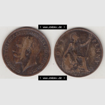 Münzen Großbritannien Umlaufmünze 1911-1926, 1 One Penny, 1917-1, George V, B.M. GEORGIVS V DEI GRABRITTOMNREX FIDDEFINDIMP. Vorderseite und... Sammlung
