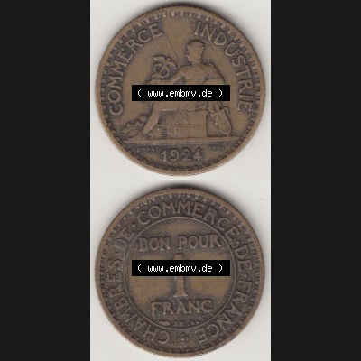 Münzen Frankreich Umlaufmünze 1920-1927, 1 Franken BON POUR 1 FRANC 1924-1. Vorderseite und Rückseite vertikal auf einen digitalen Bild der alten französischen Umlaufmünze... Sammlung