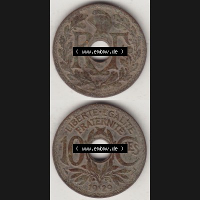Münzen Frankreich Umlaufmünze Vollansicht 1917-1938, 10 Centimes, 10 CMES EGALITÉ FRATERNITÉ LIBERTÉ 1929-1. Vorderseite und Rückseite vertikal auf... Sammlung