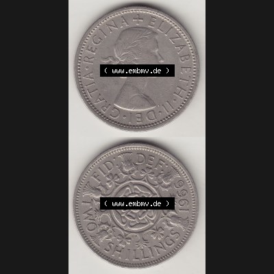 Münzen Großbritannien Umlaufmünze 1954-1970, 2 Schilling - Shillings 1966-7. Vorderseite und Rückseite vertikal untereinander auf einen digitalen Bild der alten britischen... Sammlung