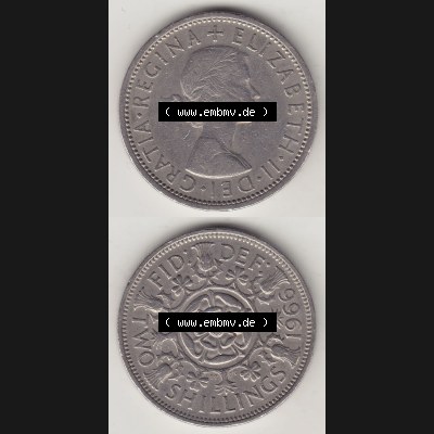 Münzen Großbritannien Umlaufmünze 1954-1970, 2 Schilling - Shillings 1966-4. Vorderseite und Rückseite vertikal untereinander auf einen digitalen Bild der alten britischen... Sammlung