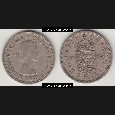 Münzen Großbritannien Umlaufmünze 1954-1970, 1 Schilling - Shilling, 1956-1 Wappen mit 3 Löwen. Vorderseite und Rückseite horizontal auf einen digitalen Bild... Sammlung