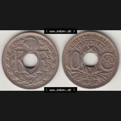 Münzen Frankreich Umlaufmünze Vollansicht 1917-1938, 10 Centimes, 10 CMES EGALITÉ FRATERNITÉ LIBERTÉ 1920-1. Vorderseite und Rückseite horizontal... Sammlung