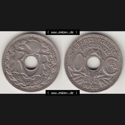 Münzen Frankreich Umlaufmünze 1917-1938, 10 Centimes - Cmes 1938. Vorderseite und Rückseite horizontal auf einen digitalen Bild der alten französischen Umlaufmünze... Sammlung