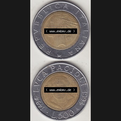 Bildmaterial von Münzen aus Italien / Italia Gedenkmünzen 1994-1994, 500 Lire, 500. Geburtstag von Luca Pacioli (1494-1994)-1. Vorderseite und Rückseite... Sammlung