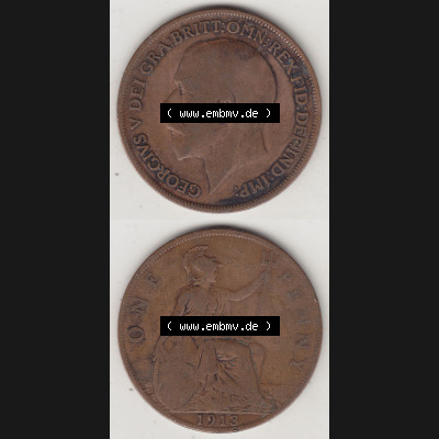 Münzen Großbritannien Umlaufmünze 1911-1926, 1 One Penny, 1913-1, George V, B.M. GEORGIVS V DEI GRABRITTOMNREX FIDDEFINDIMP. Vorderseite und... Sammlung