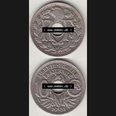 Münzen Frankreich Umlaufmünze Vollansicht 1917-1938, 10 Centimes, 10 CMES EGALITÉ FRATERNITÉ LIBERTÉ 1931-2. Vorderseite und Rückseite vertikal auf... Sammlung