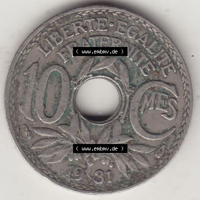 Münzen Frankreich Umlaufmünze Einzelansicht 1917-1938, 10 Centimes, RF - Frankreich 10 CMES EGALITÉ FRATERNITÉ LIBERTÉ 1931-2. Rückseite der alten... Sammlung